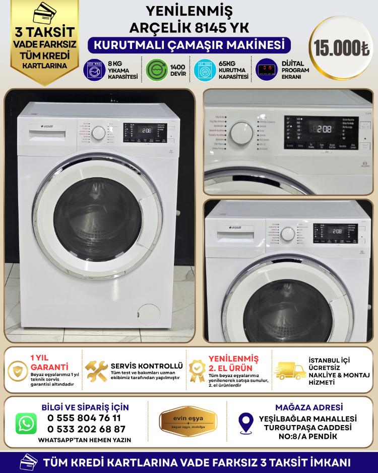 ARÇELİK 8145 YK 8-5 1400 DEVİR KURUTMALI ÇAMAŞIR MAKİNESİ