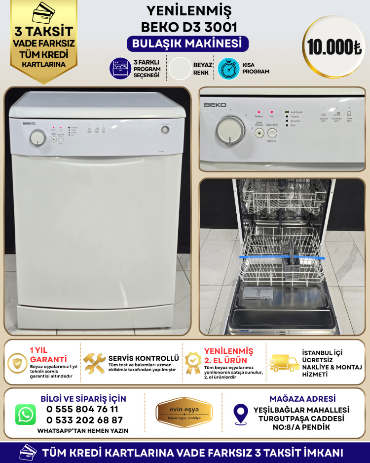 BEKO D3 3001 3 PROGRAMLI BULAŞIK MAKİNESİ
