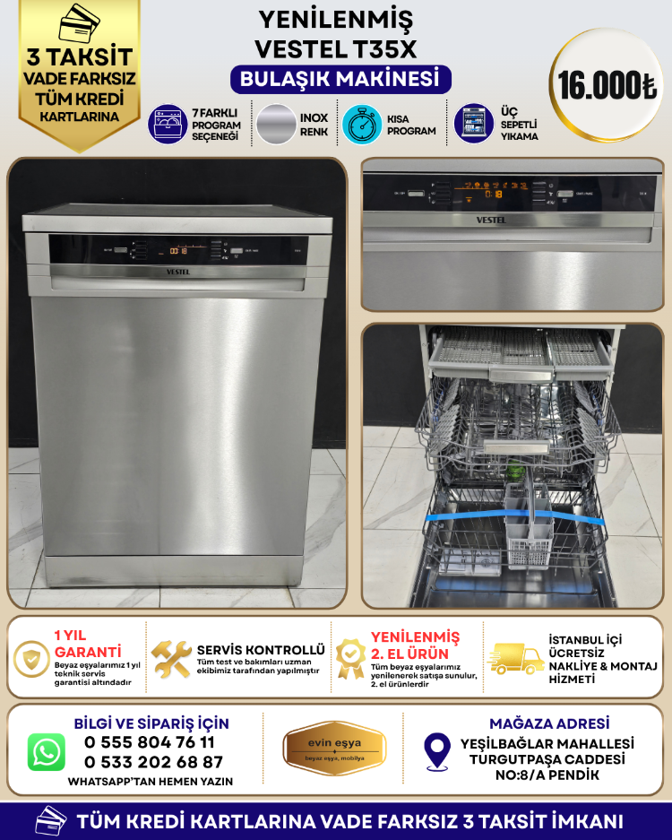VESTEL T35 IX 7 PROGRAMLI 3 ÇEKMECELİ INOX BULAŞIK MAKİNESİ