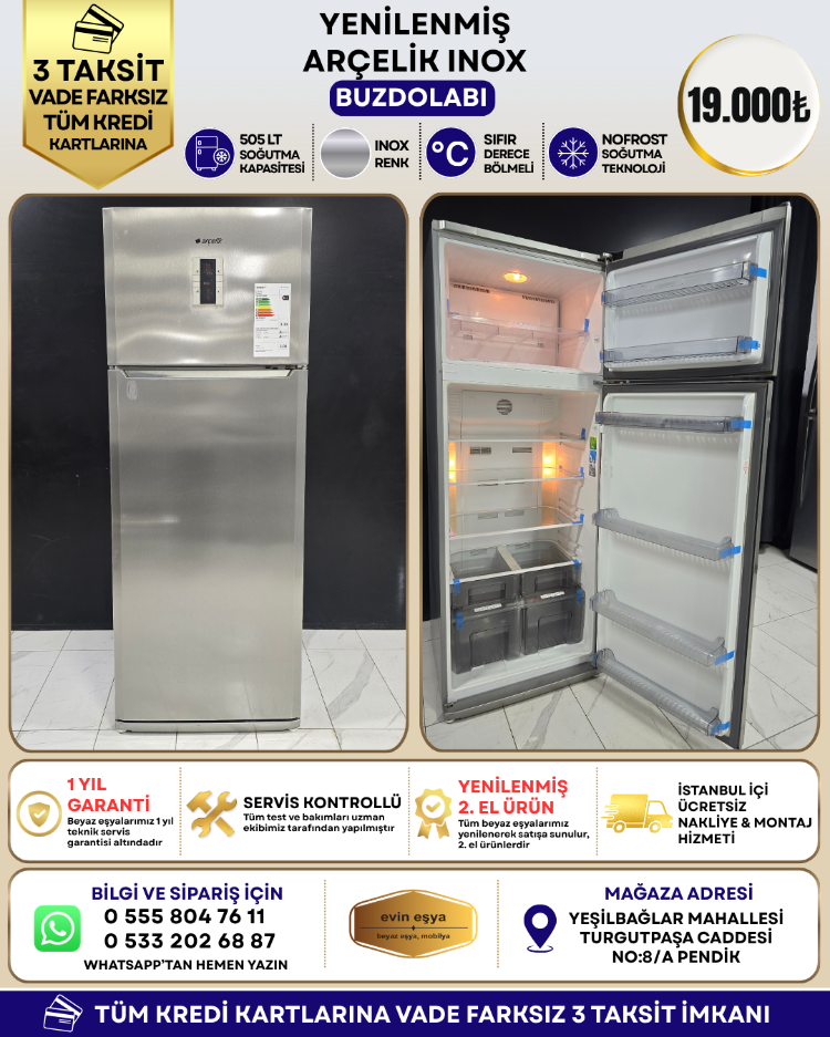 ARÇELİK 505 LT INOX NO-FROST BUZDOLABI