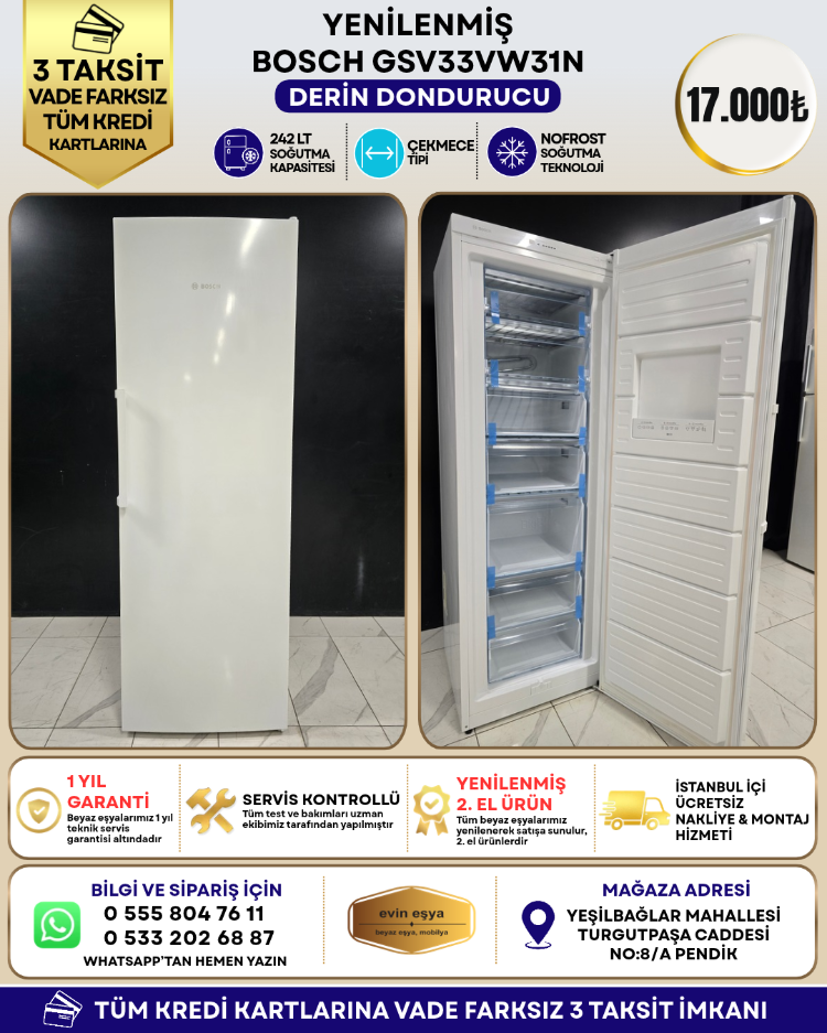 BOSCH GSV33VW31N 7 ÇEKMECELİ 242 LT DERİN DONDURUCU