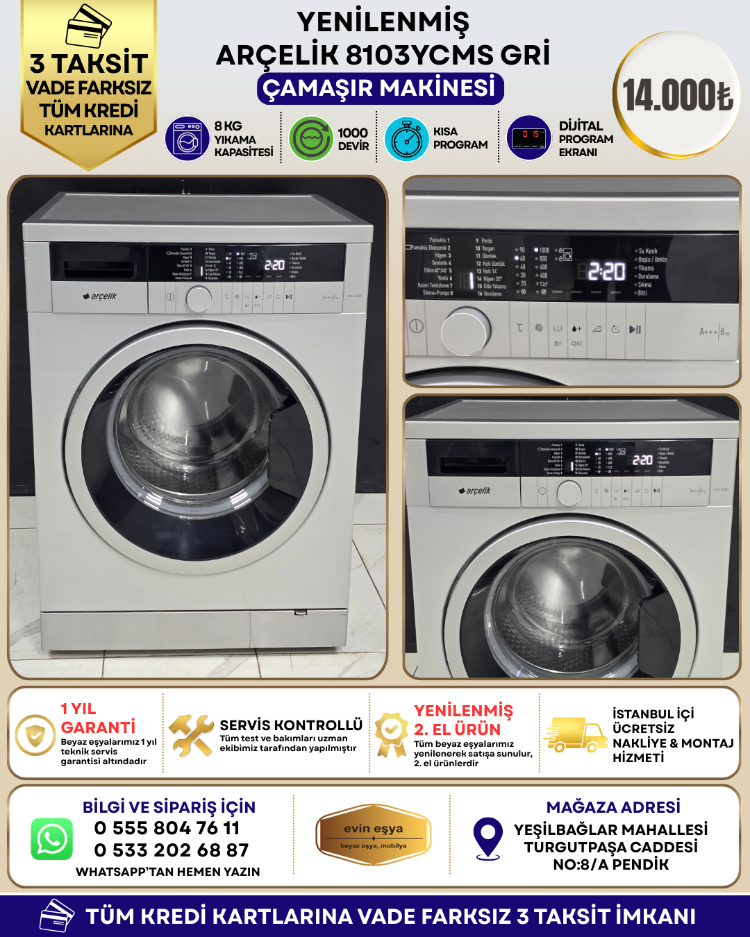 ARÇELİK 8103 YCMS GRİ 8 KG 1000 DEVİR ÇAMAŞIR MAKİNESİ
