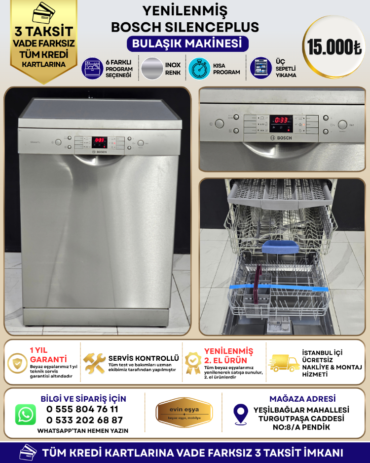 BOSCH SILENCEPLUS 6 PROGRAMLI 3 ÇEKMECELİ İNOX BULAŞIK MAKİNESİ