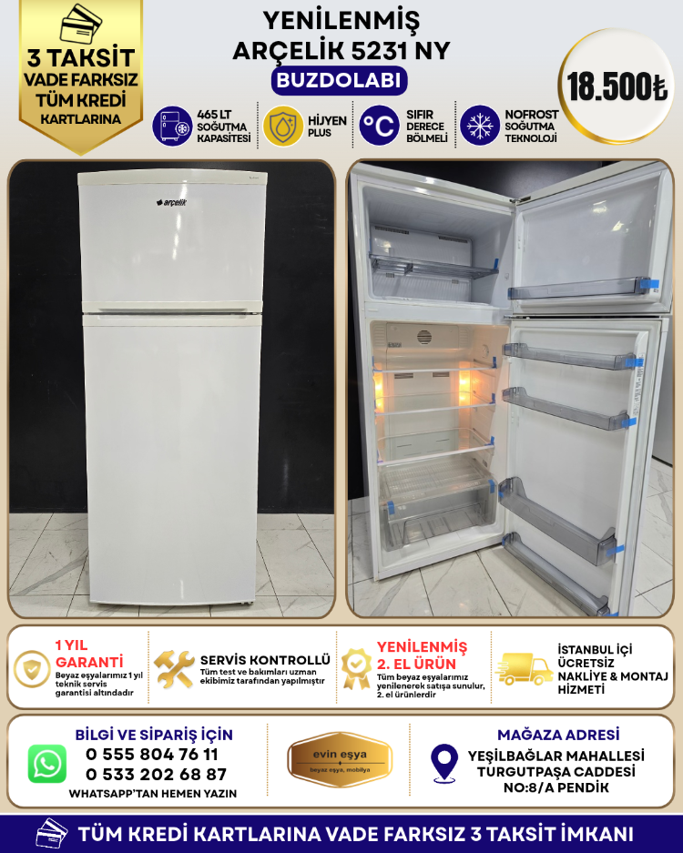ARÇELİK 5231 NY 465 LT NO-FROST BUZDOLABI