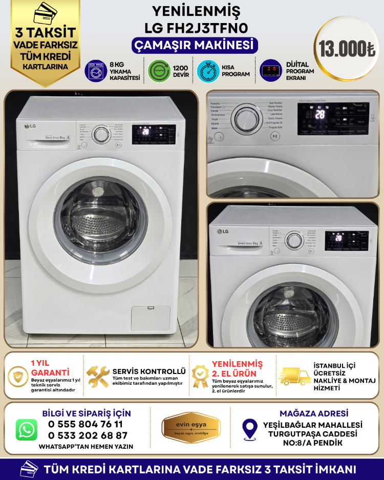 LG FH2J3TDN0 INVERTER DIRECT DRIVE 8 KG 1200 DEVİR ÇAMAŞIR MAKİNESİ