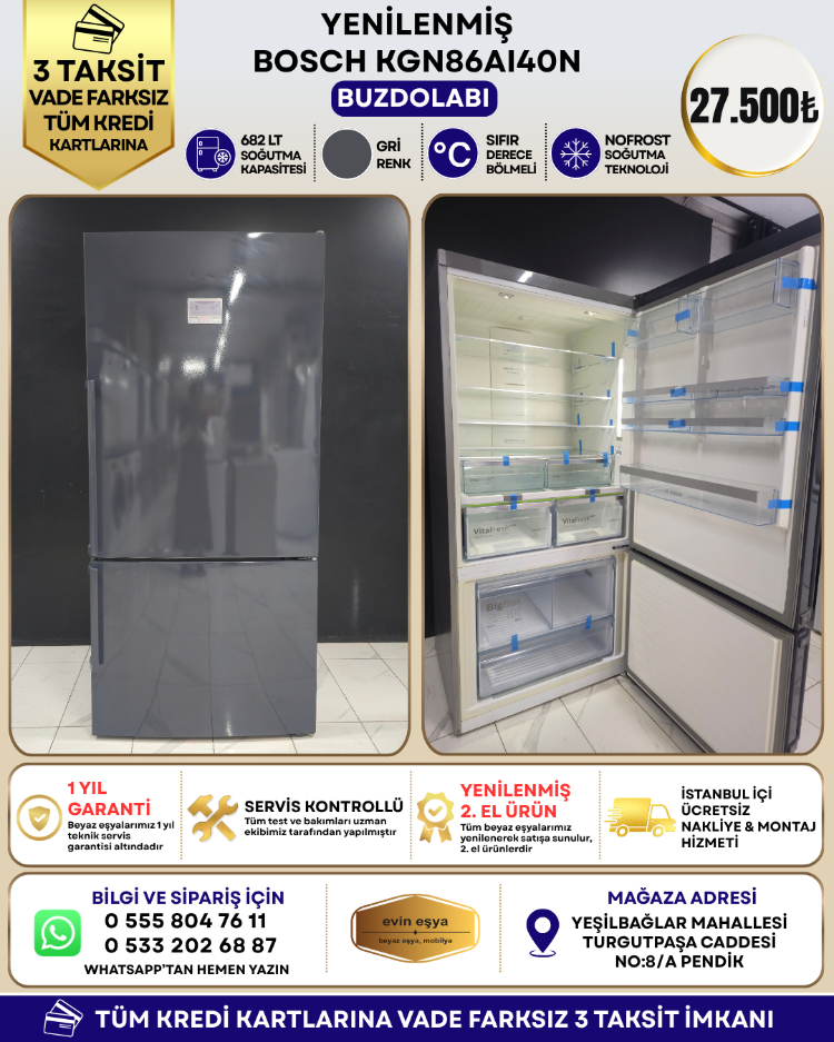 BOSCH KGN86AI40N GRİ 682 LT KOMBİ NO-FROST BUZDOLABI