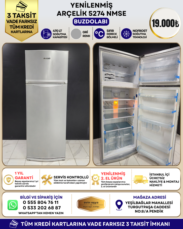 ARÇELİK 5274 NMSE 470 LT GRİ NO-FROST BUZDOLABI