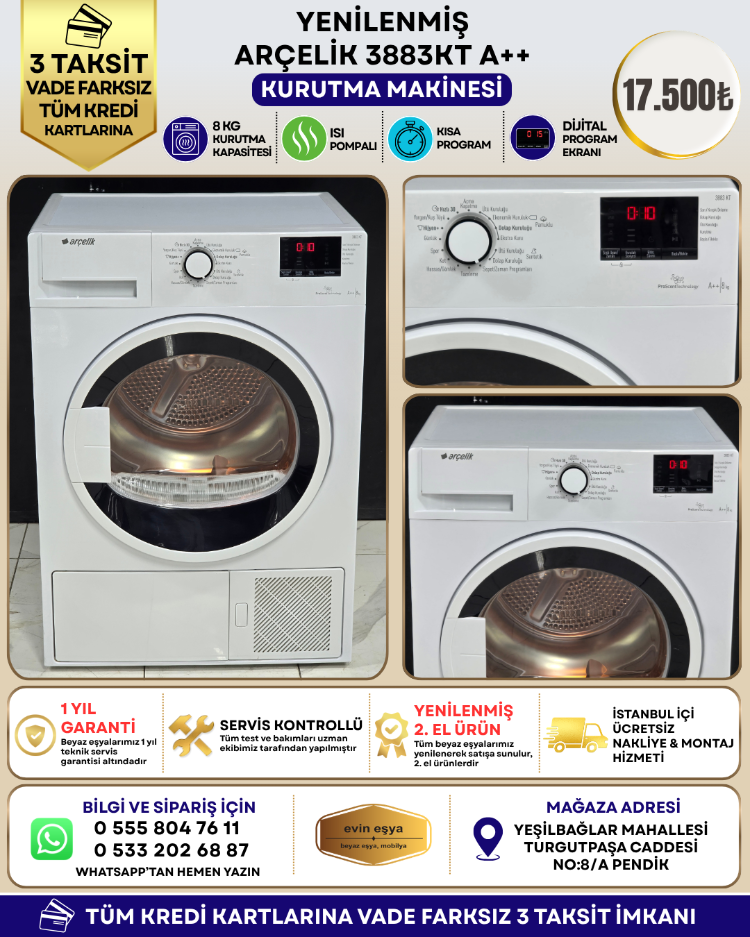 ARÇELİK 3883 KT 8 KG A++ ISI POMPALI KURUTMA MAKİNESİ