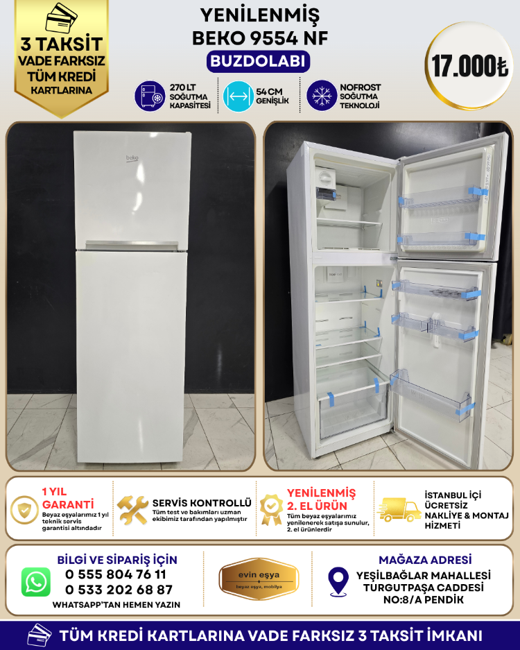 BEKO 9554 NF 54 CMLİK 270 LT ÇİFT KAPILI NO-FROST BUZDOLABI