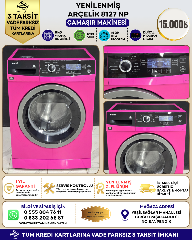 ARÇELİK 8127 NP PREMIUM FUŞYA 8 KG 1200 DEVİR ÇAMAŞIR MAKİNESİ