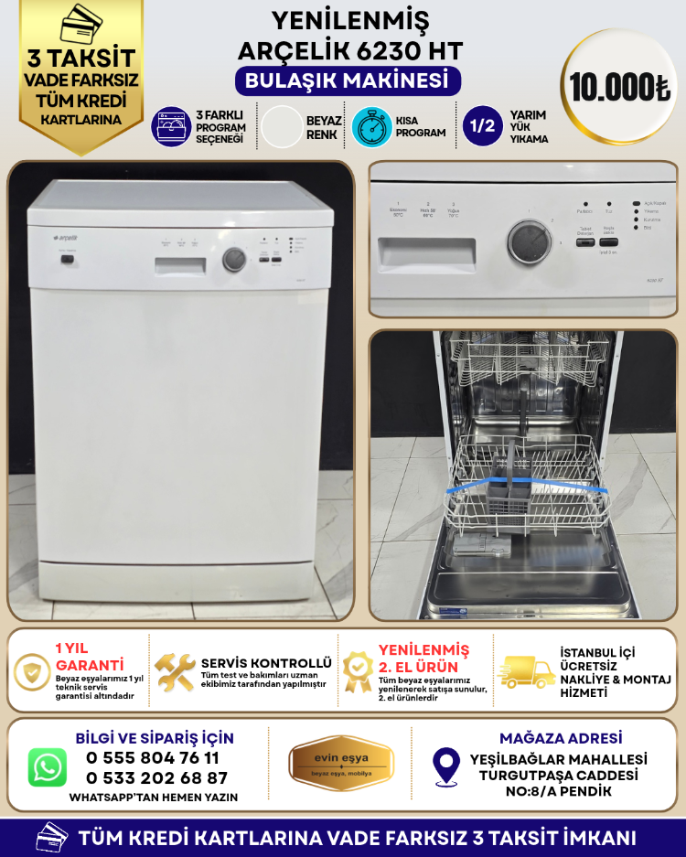 ARÇELİK 6230 HT 3 PROGRAMLI BULAŞIK MAKİNESİ