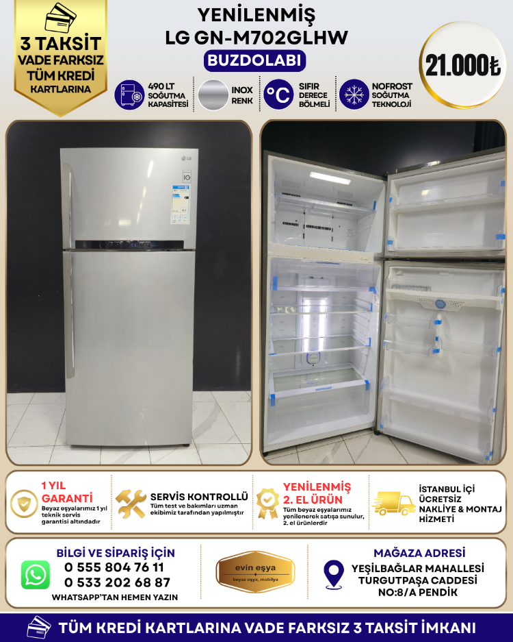 LG GN-M702GLHW 490 LT İNOX NO-FROST BUZDOLABI 