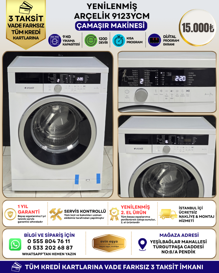 ARÇELİK 9123 YCM 9 KG 1200 DEVİR ÇAMAŞIR MAKİNESİ 15000 TL