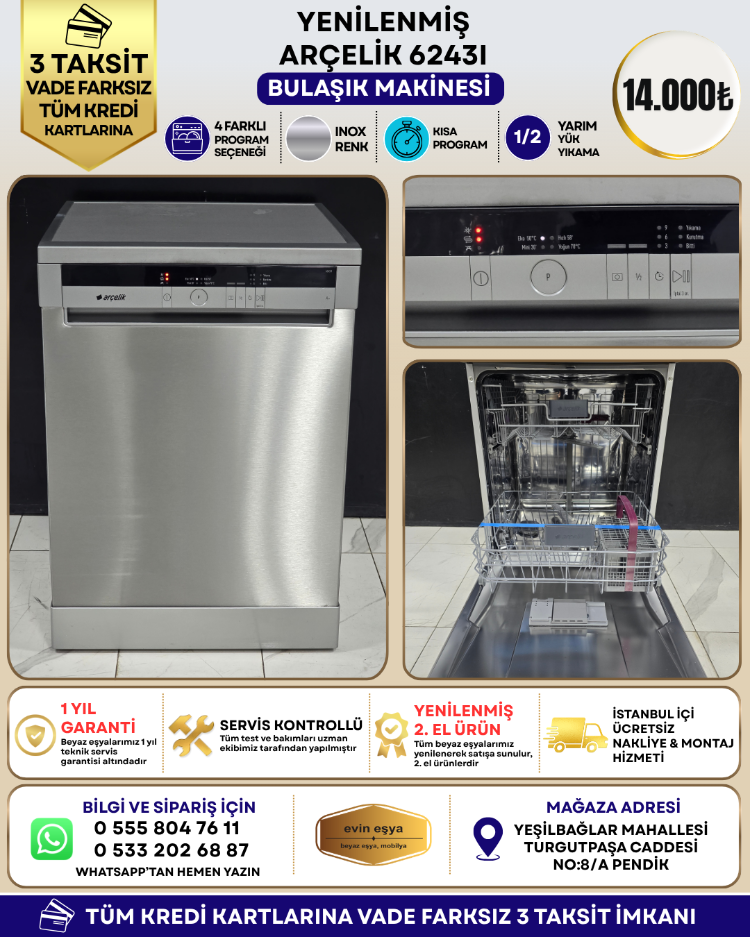 ARÇELİK 6243 I INOX 4 PROGRAMLI BULAŞIK MAKİNESİ