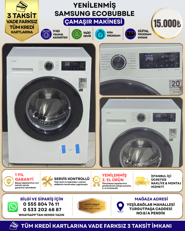 SAMSUNG WW90CGC04DAEAH ECOBUBBLE 9 KG 1400 DEVİR ÇAMAŞIR MAKİNESİ