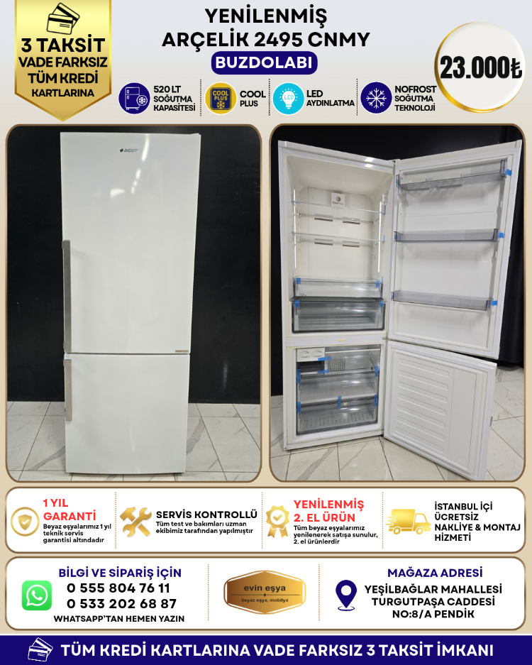 ARÇELİK 2495 CNMY 520 LT KOMBİ NO-FROST BUZDOLABI