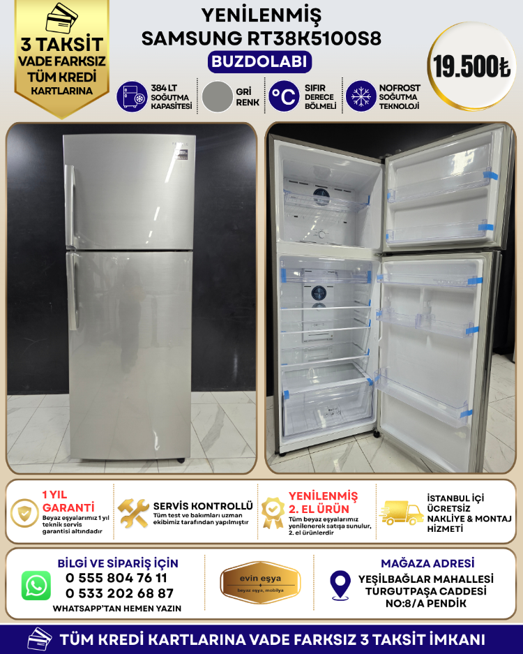 SAMSUNG RT38K5100S8 GRİ 384 LT NO-FROST BUZDOLABI