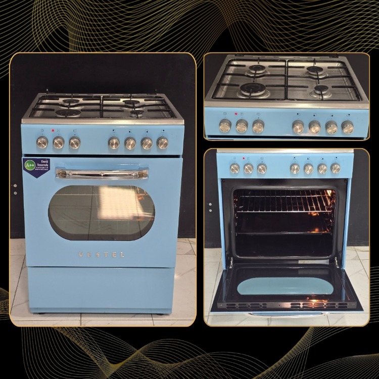 2. EL VESTEL A++ RETRO MAVİ TAM BOY ÇAKMAKLI GAZ EMİNETLİ OCAKLI FIRIN