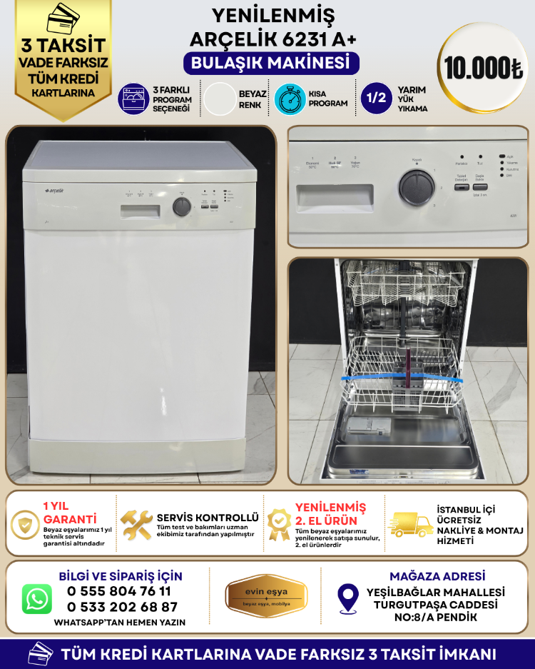 ARÇELİK 6231 A+ 3 PROGRAMLI BULAŞIK MAKİNESİ