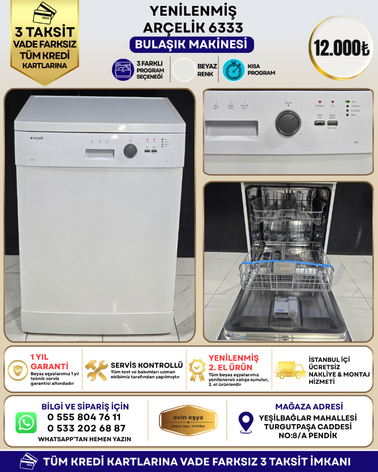 ARÇELİK 6333 3 PROGRAMLI BULAŞIK MAKİNESİ