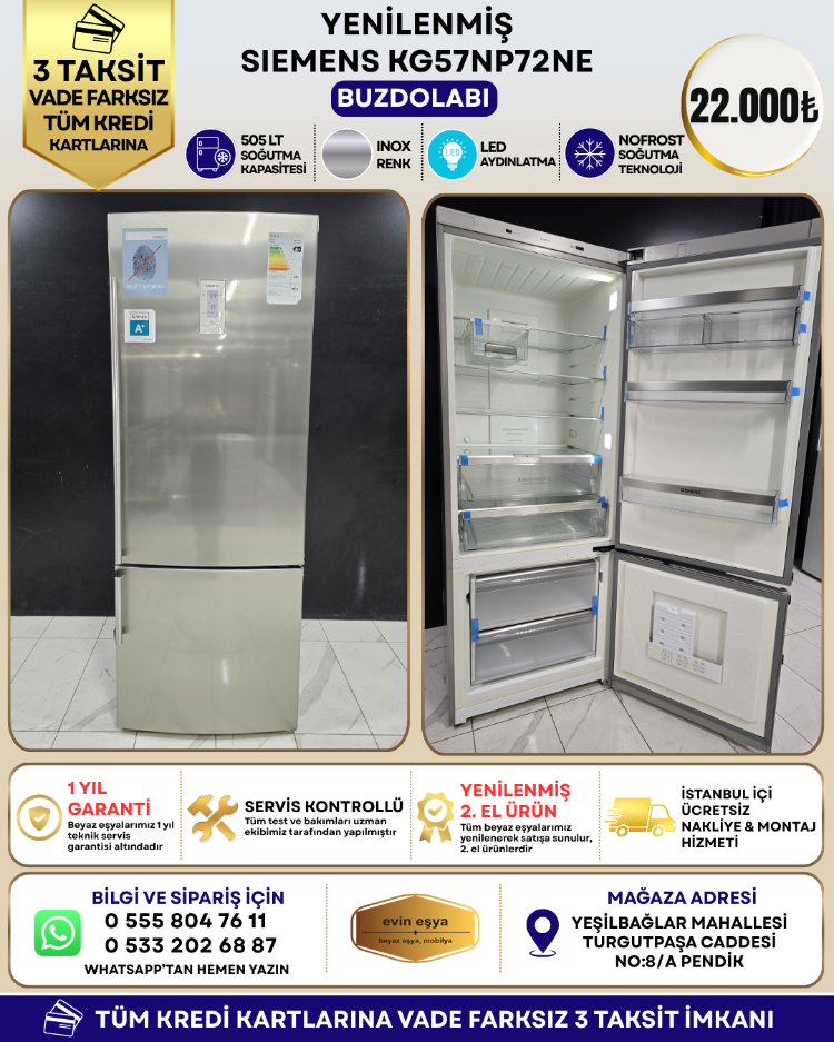 SIEMENS KG57NP72NE INOX 505 LT NO-FROST BUZDOLABI
