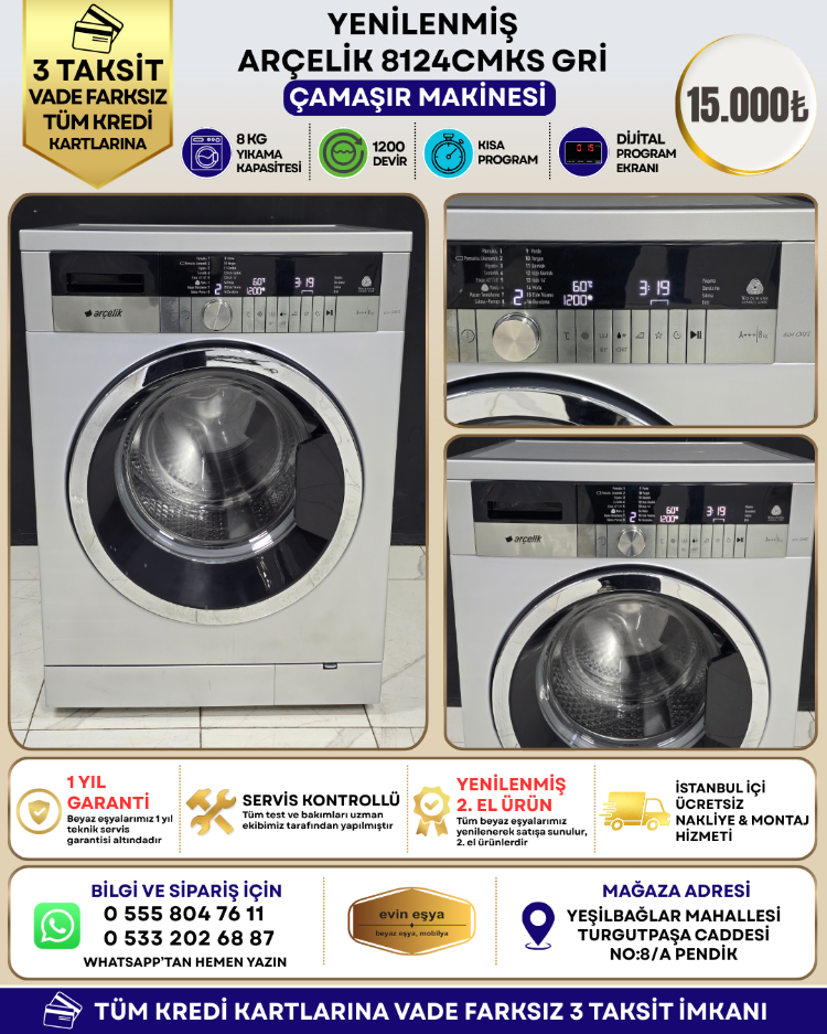 ARÇELİK 8124 CMKS GRİ 8 KG 1200 DEVİR ÇAMAŞIR MAKİNESİ