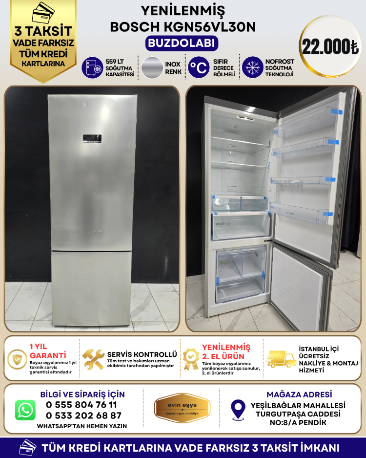BOSCH KGN56VL30N INOX 559 LT NO-FROST BUZDOLABI