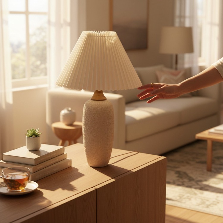 Terra Grandé Büyük Boy Dokulu Seramik Abajur | Lüks Pileli Başlıklı Abajur - Premium Seri