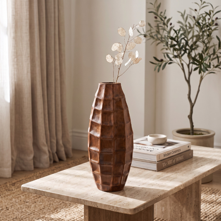 Eviorhome Ahşap Dokulu Seramik Vazo – Wabi-Sabi & Japandi Tarzı Dekoratif Vazo (41 cm)