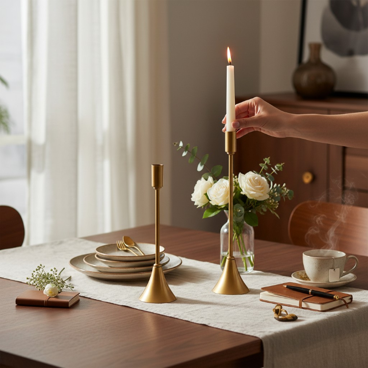 Eviorhome Minimalist Antik Gold İkili Şamdan Seti - İnce Uzun Eskitme Gold Metal Şamdanlık