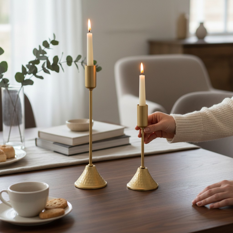 Eviorhome Antik Altın Dövme Metal İkili Şamdan Seti - Lüks Dekoratif Eskitme Gold Şamdan
