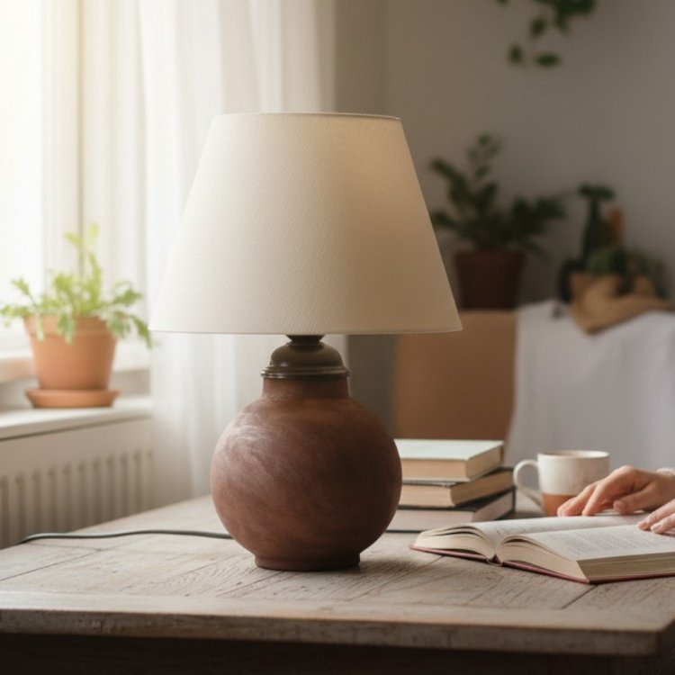 Cortado Lume El Yapımı Seramik Abajur - Eskitme Kahverengi Masa Lambası | Rustik Ev Dekoru