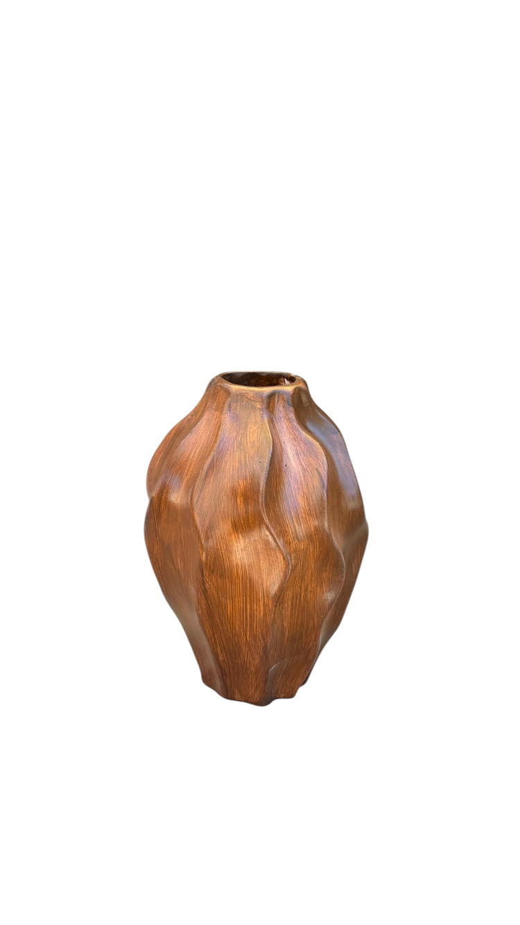 Organik Formlu Wabi-Sabi Seramik Vazo | Doğal Ahşap Dokulu Dekoratif Tasarım (30 cm)