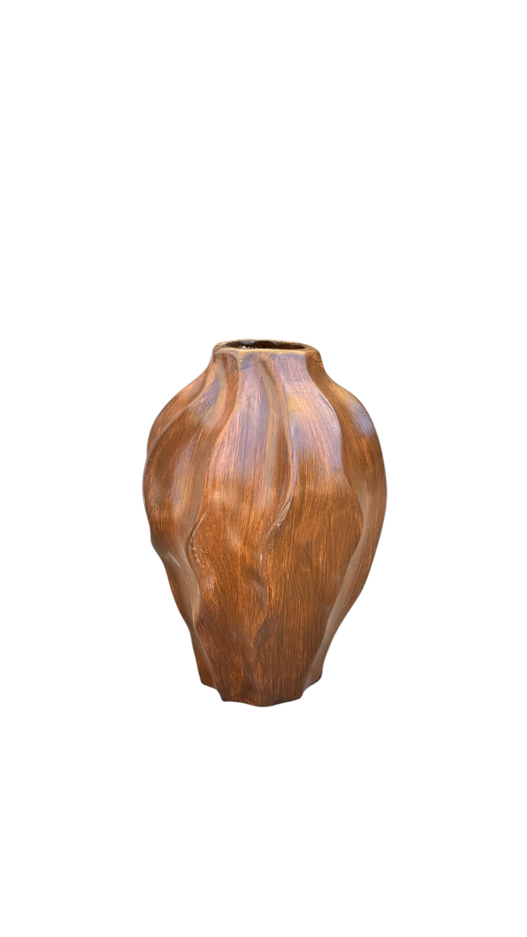 Organik Formlu Wabi-Sabi Seramik Vazo | Doğal Ahşap Dokulu Dekoratif Tasarım (30 cm)