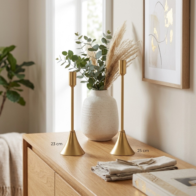 Eviorhome Minimalist Antik Gold İkili Şamdan Seti - İnce Uzun Eskitme Gold Metal Şamdanlık