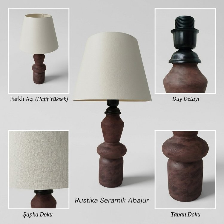 Rustika Büyük Boy Seramik Abajur | Rustik Eskitme Gövde & Krem Kumaş Başlık (55 cm)
