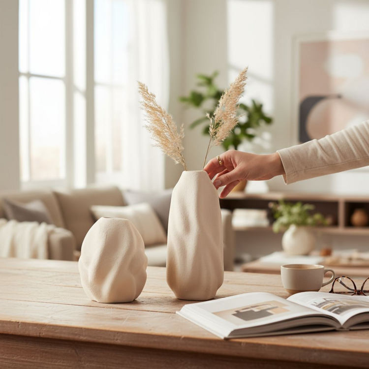 El Yapımı Doğal Doku Seramik Vazo Seti | Minimalist Modern Ev Dekorasyonu
