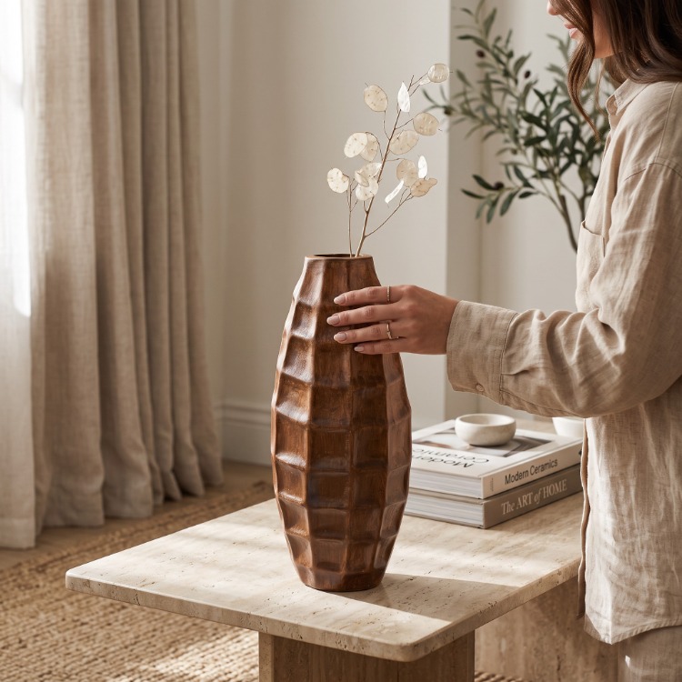 Eviorhome 3'lü Toprak Serisi: Geometrik ve Ahşap Dokulu Dekoratif Vazo Seti