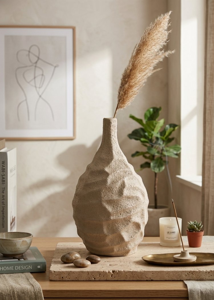 Wabi-Sabi Tarzı Büyük Boy Dokulu Dalgalı Seramik Vazo | Modern Ev Dekoru