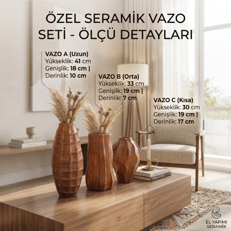 Eviorhome 3'lü Toprak Serisi: Geometrik ve Ahşap Dokulu Dekoratif Vazo Seti