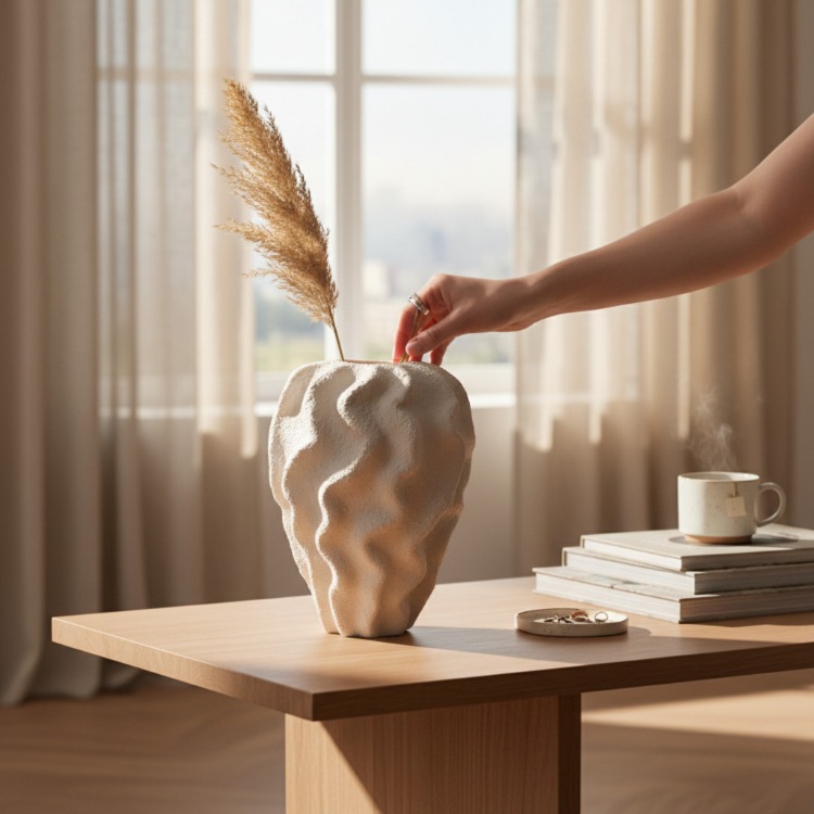 Sculptural Form: El Yapımı Taş Dokulu Kıvrımlı Seramik Vazo (26cm)