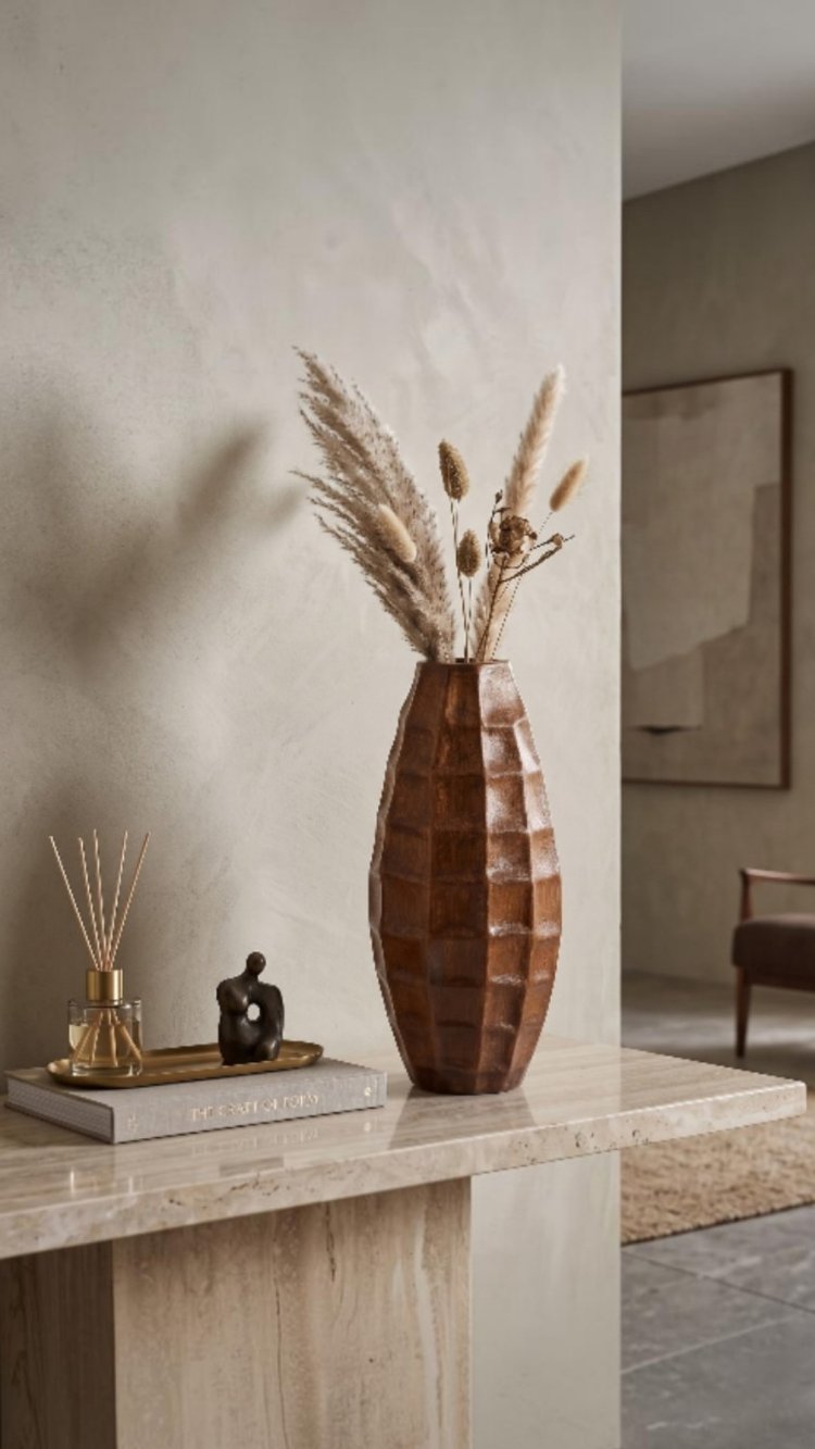 Eviorhome Ahşap Dokulu Seramik Vazo – Wabi-Sabi & Japandi Tarzı Dekoratif Vazo (41 cm)