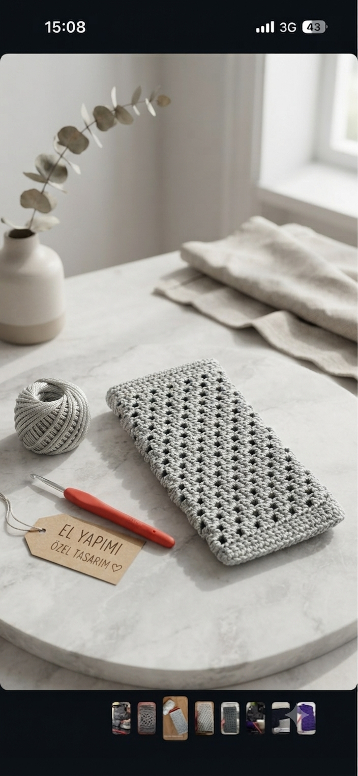 El Örgüsü Krem Telefon Kılıfı | Handmade Crochet Phone Sleeve