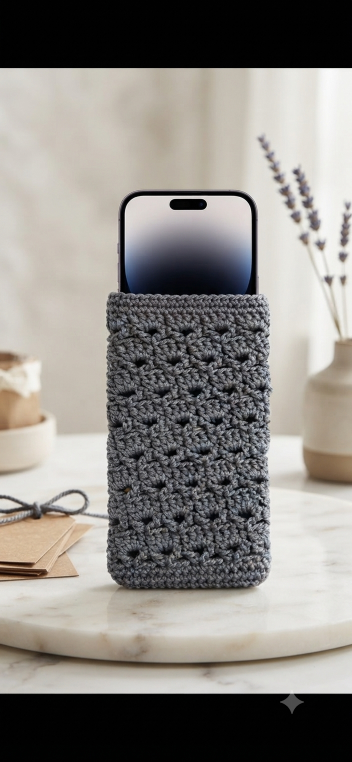 El Örgüsü Antrasit Telefon Kılıfı | Handmade Crochet Phone Sleeve