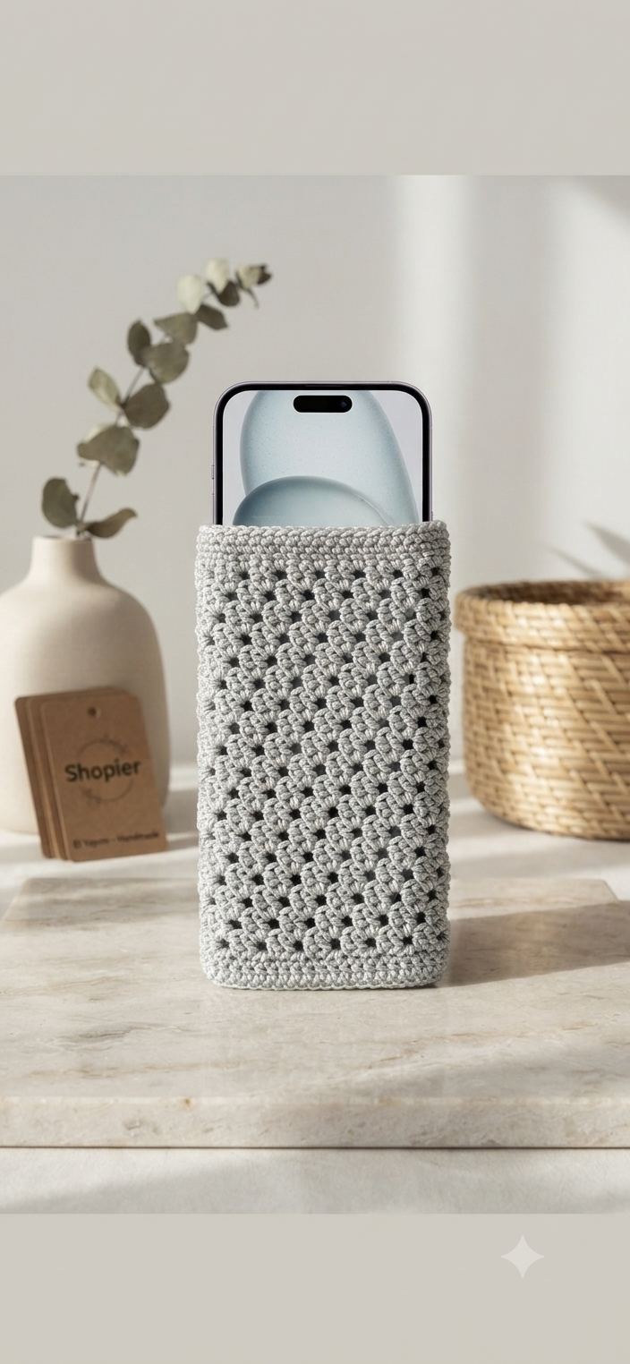 El Örgüsü Krem Telefon Kılıfı | Handmade Crochet Phone Sleeve
