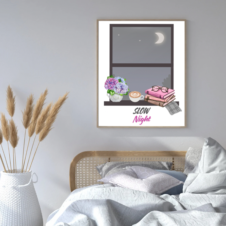Slow Night Poster, Minimalist Gece Dekoru, Cozy Bedroom Wall Art, Yazdırılabilir Dijital Tablo