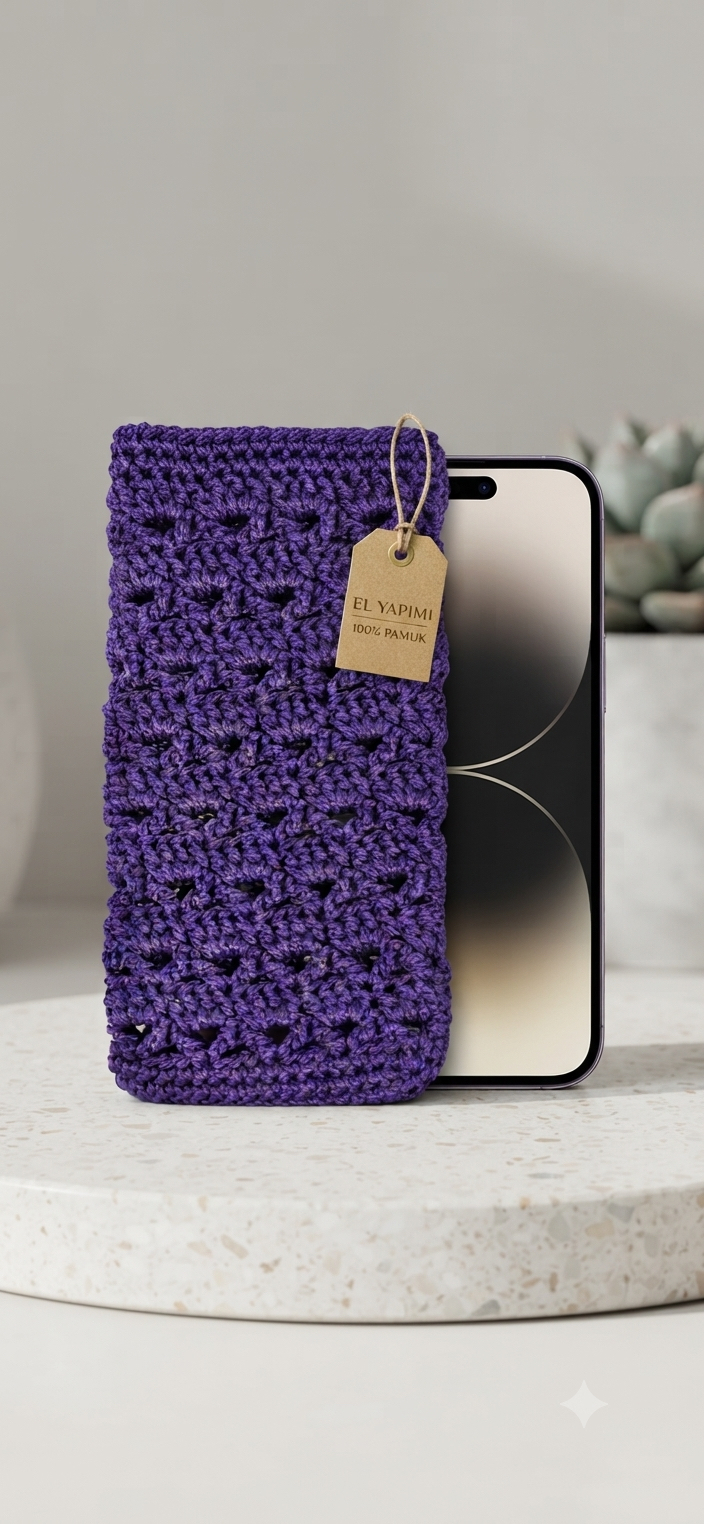 El Örgüsü Mor Telefon Kılıfı | Handmade Crochet Phone Sleeve
