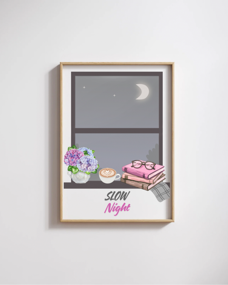 Slow Night Poster, Minimalist Gece Dekoru, Cozy Bedroom Wall Art, Yazdırılabilir Dijital Tablo