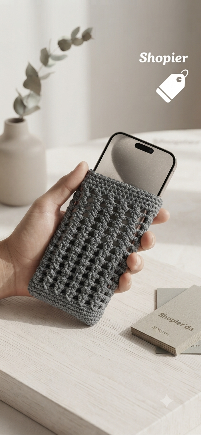 El Örgüsü Antrasit Telefon Kılıfı | Handmade Crochet Phone Sleeve