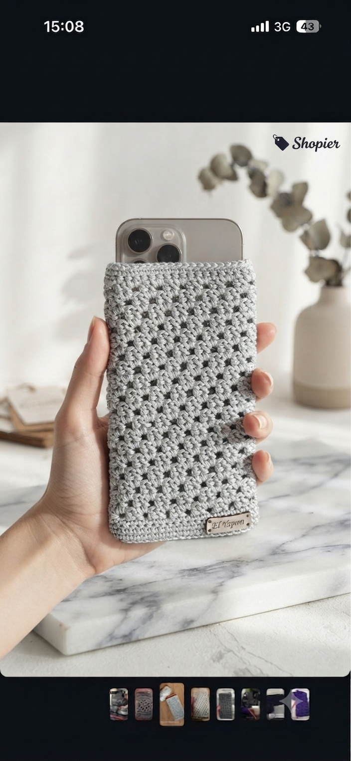El Örgüsü Krem Telefon Kılıfı | Handmade Crochet Phone Sleeve